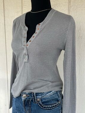 Free People Waffle Knit Henley Top Gray Long Sleeve Size Large